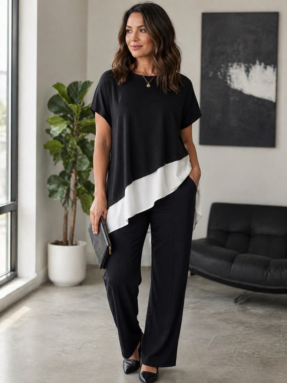 NWT Chico's Asymmetrical Black White Short Sleeve Top 3